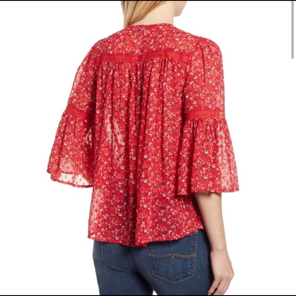 LUCKY BRAND Red Floral Chiffon BOHO Top - Picture 6 of 12